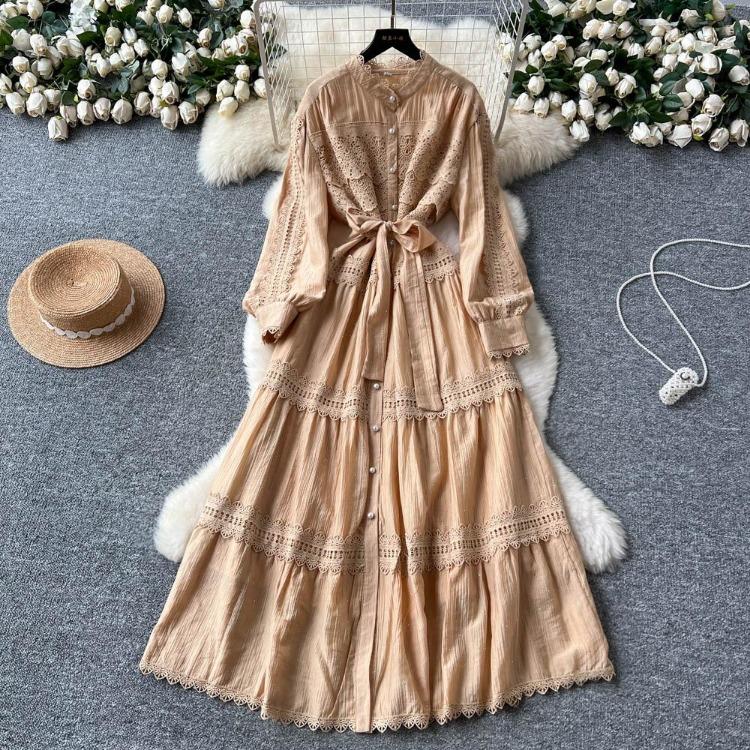 Sexy Vintage Lace Lace Up Glitter A Line Long Sleeve Beach Dress Chic Summer Vacation Vestidos for Women