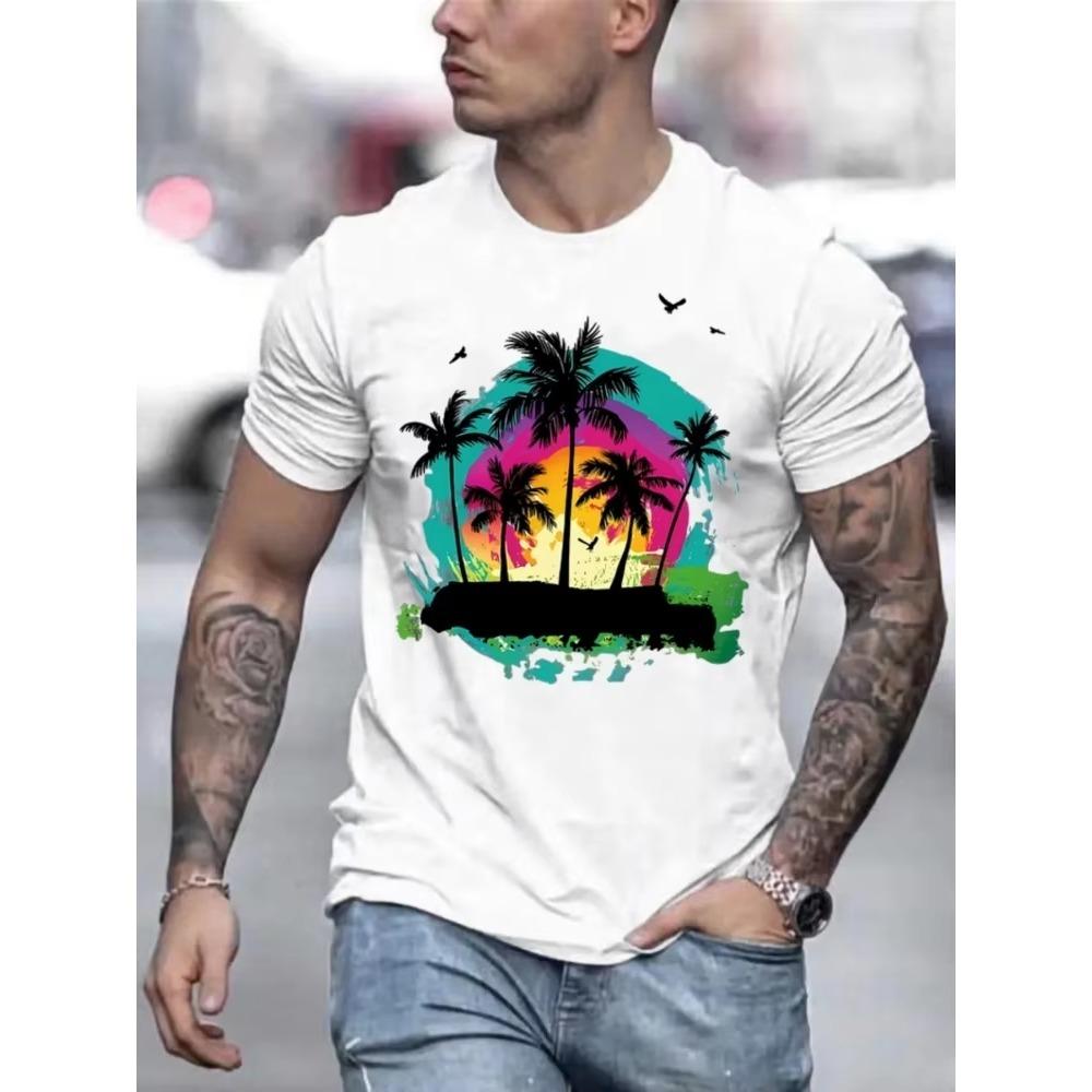 Men's Fashion Trend Casual Surfboard Printed T-shirt Round Neck Short Sleeve Top Summer New Sports Top Beach Vibe T-shirt