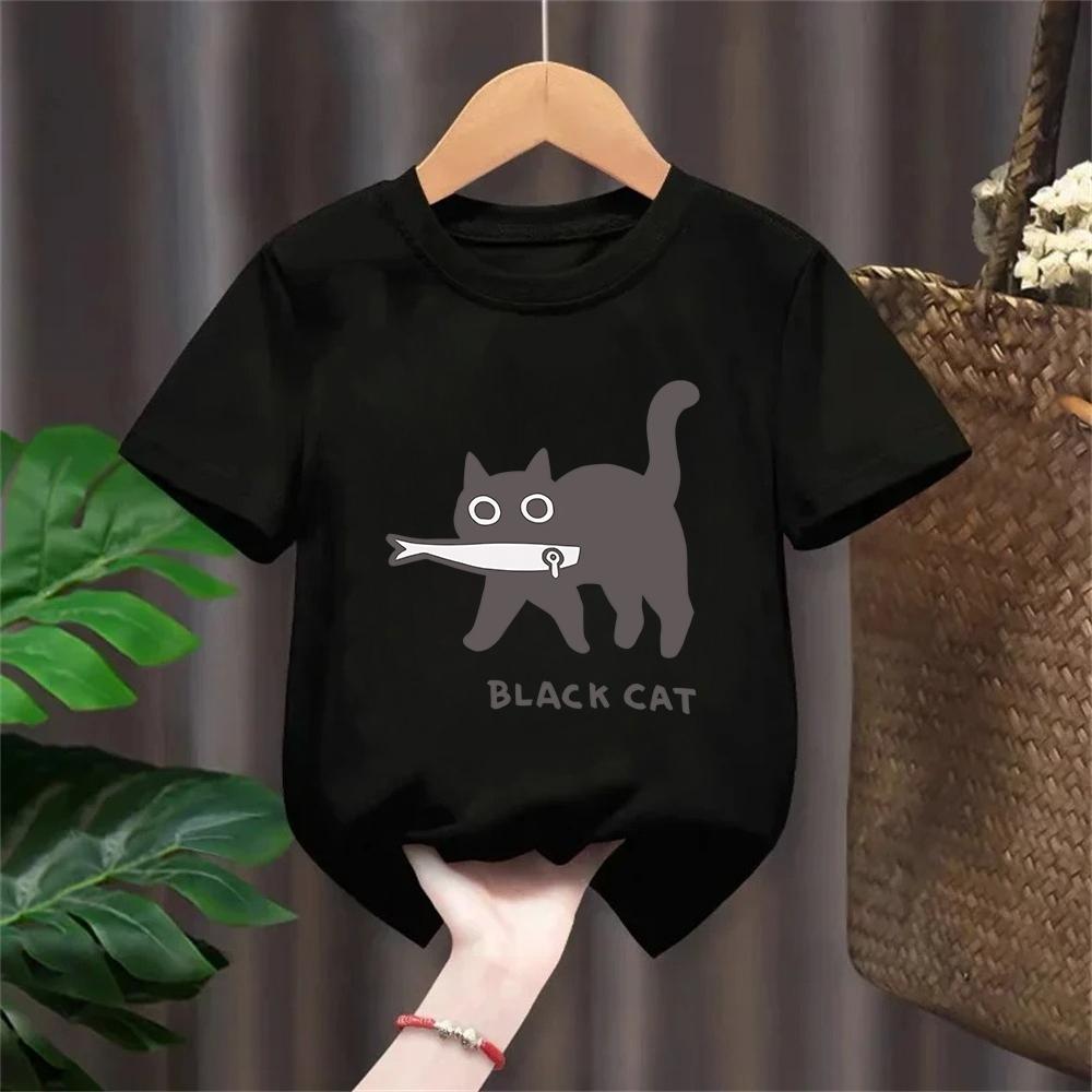 Fun A Black Cat Eating Fish Japanese Style kids TShirt Fashion Print T Shirt Breathable TShirts Cotton Clothes