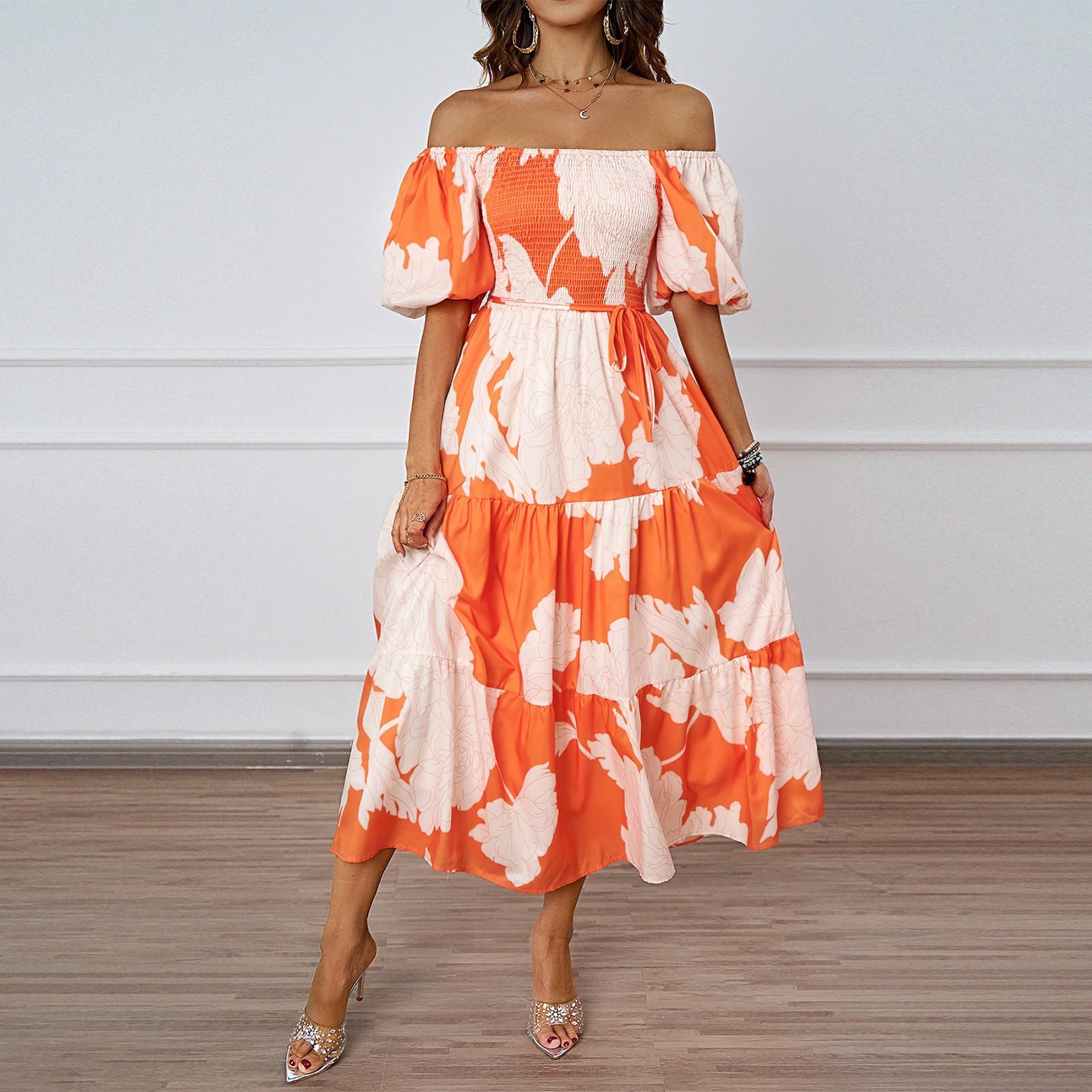 

Женское модное платье с квадратным вырезом и цветочным принтом, короткими рукавами и эффектом темперамента XL оранжевый