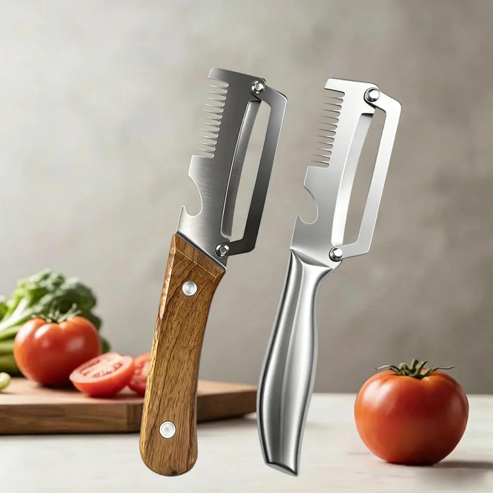 Pelador de Cocina Multifunción de Acero Inoxidable Específico para Cocina para Cortar Frutas y Verduras con Mango de Madera/Acero