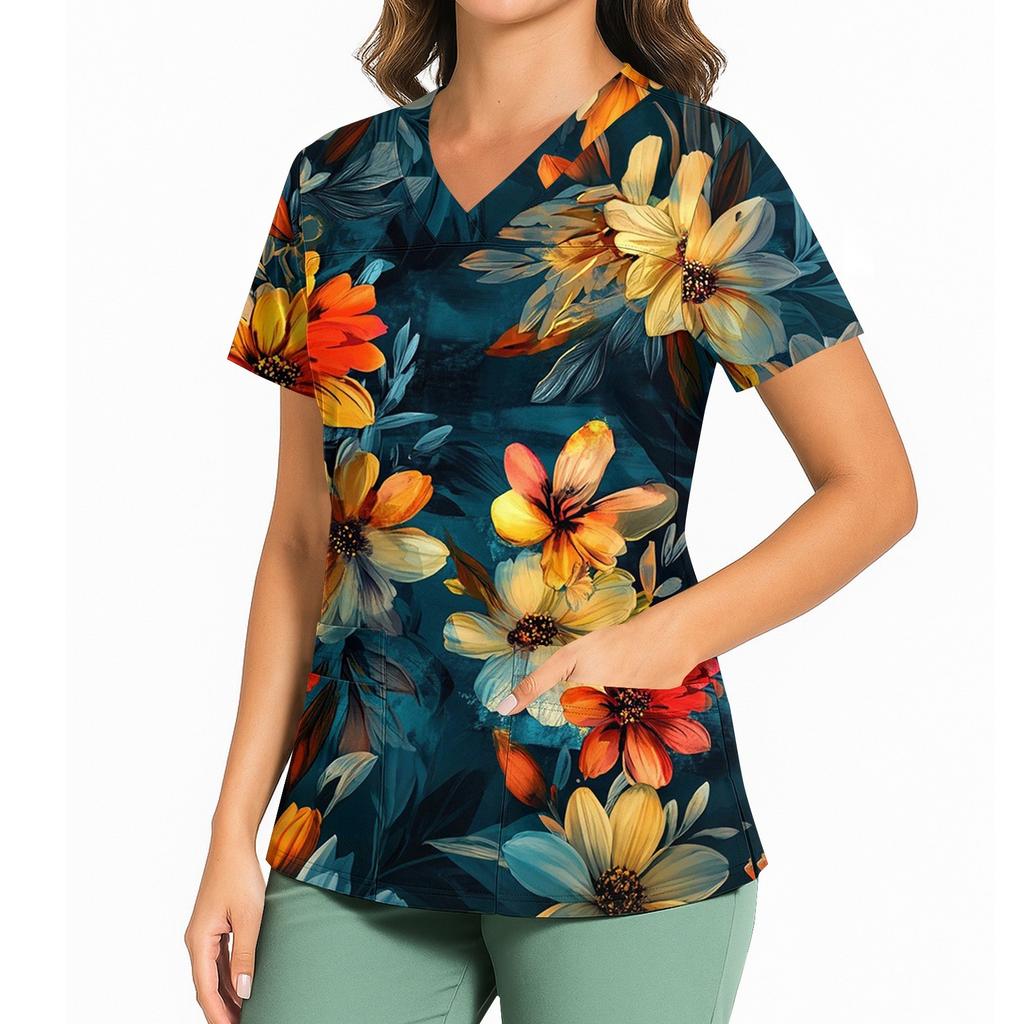 Kvinners avslappet trykket V-hals lomme sideslisse kortarmet topp kortarmet topp