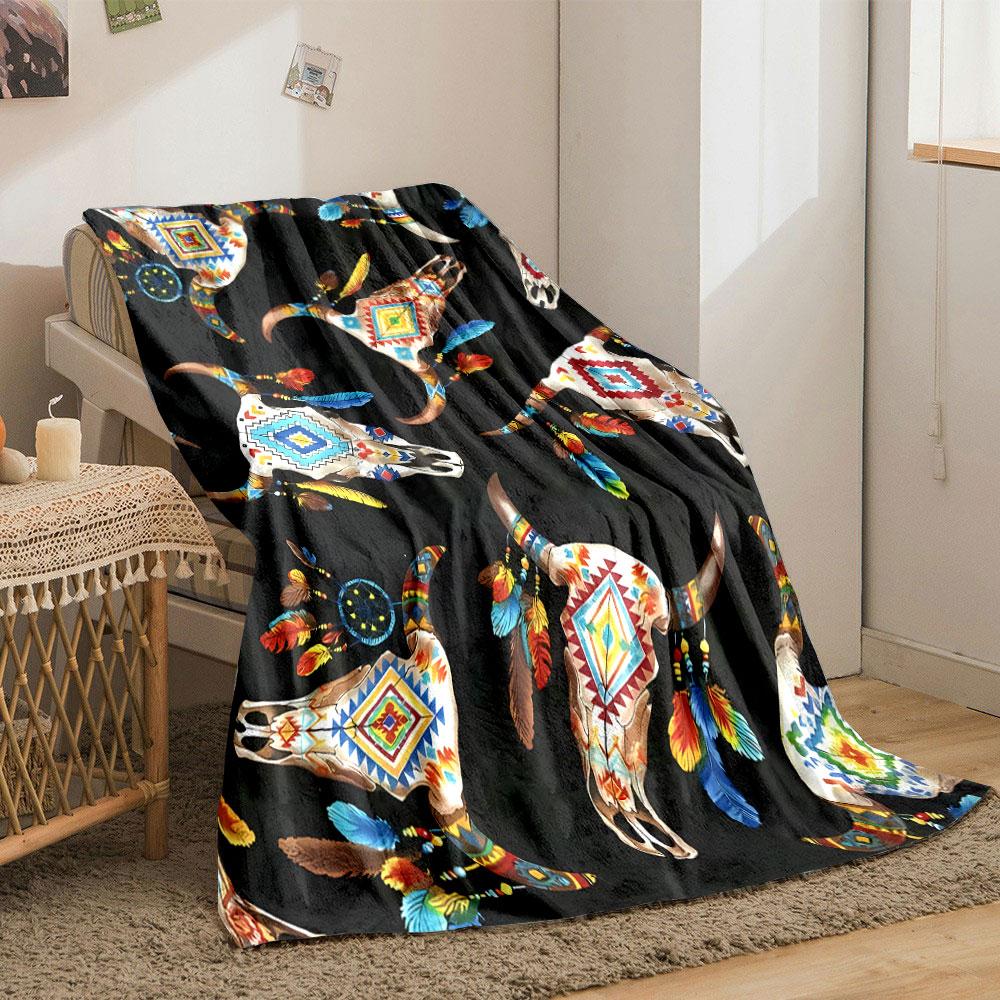 Bohemian Cow Skull Feather Blanket Bedroom Blanket for Livingroom Couch Lunch Break Soft Throw for Friend's Festival Gift