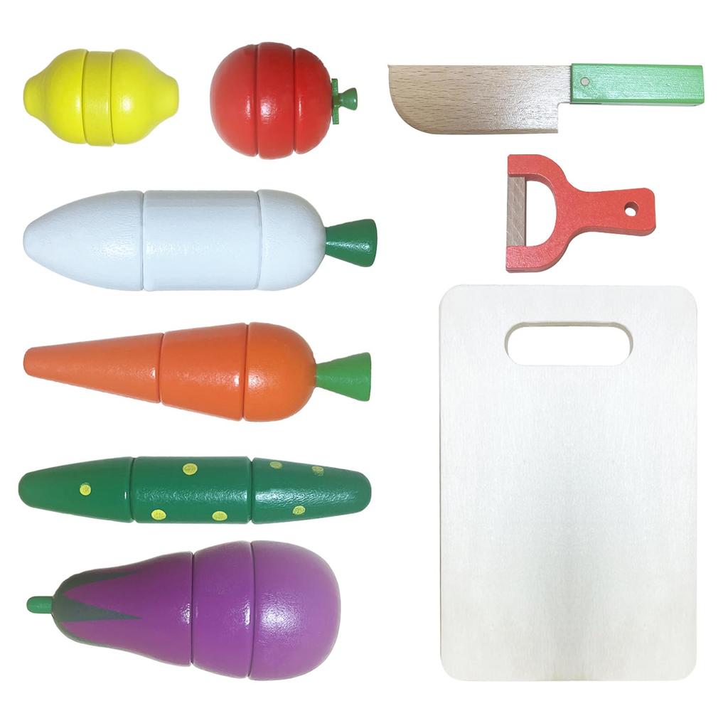 SINGERTOP Pretend Play Kitchen Set for Educational Toy with Fresh Fruits and Wooden Play Set with Slicing Function and Magnetic Perfect for Boys and