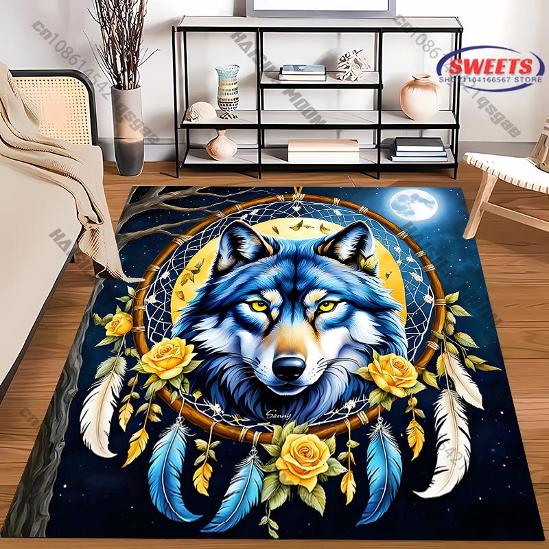 Colorful Dreamcatcher Rug with Wolf and Flowers carpet for home sofa bedroom, gift