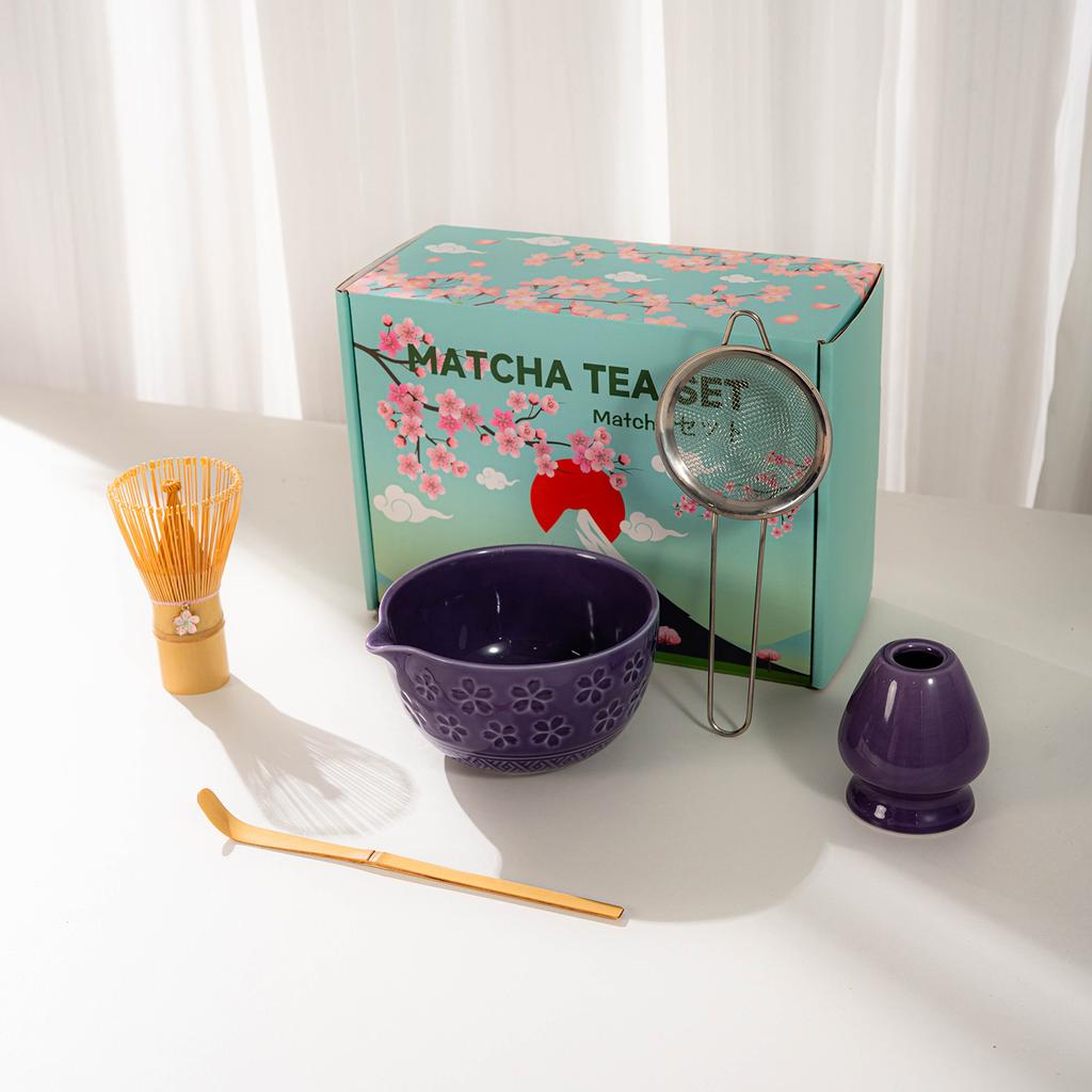 Japanese Matcha Tea Set With Cherry Blossom Pattern, Bamboo Whisk, Ceramic Matcha Bowl, Matcha Making Kit, Tea Utensils Set Gift