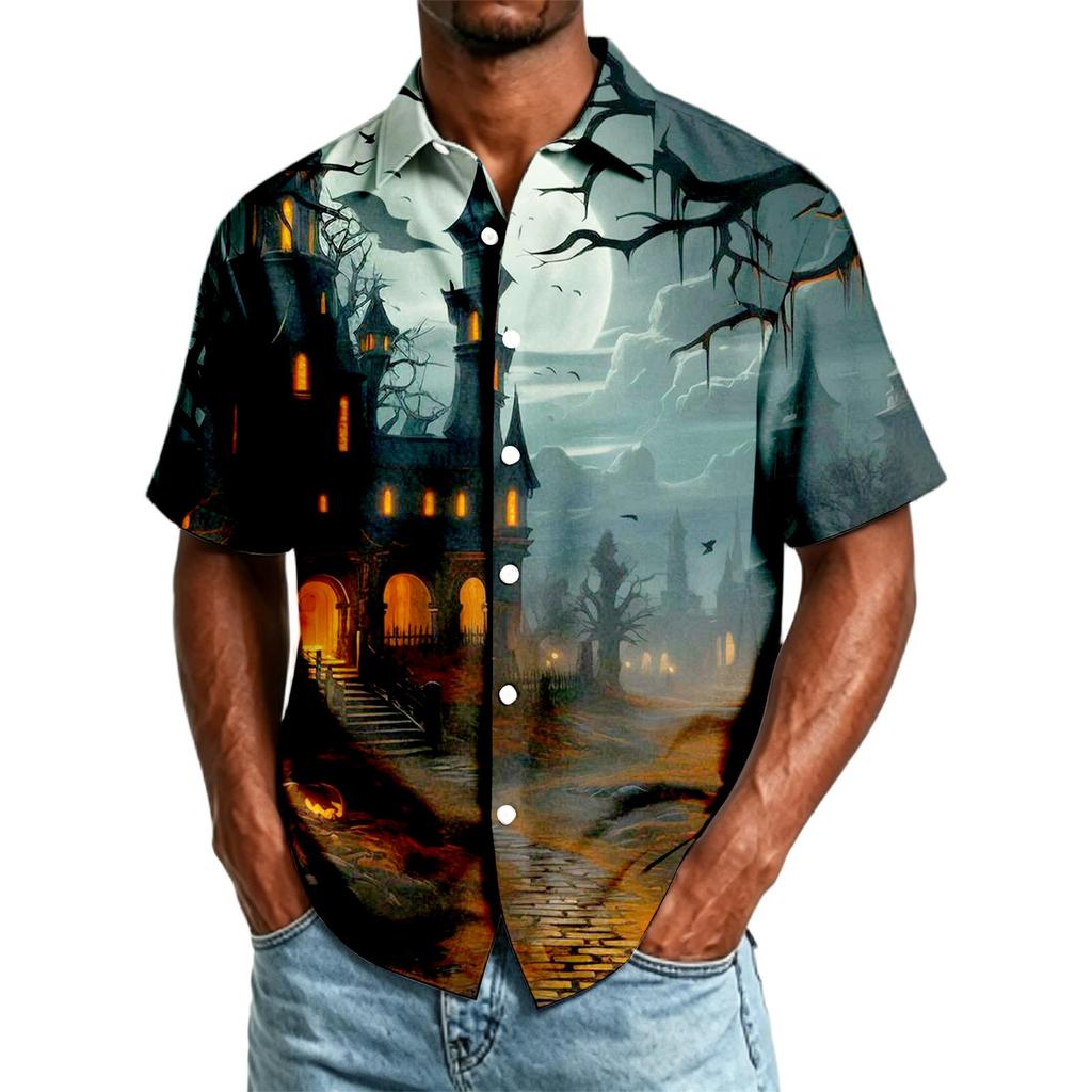 Men's Casual Short Sleeve Button Down Shirt Halloween Themed Printed Top Lightweight Breathable Fabric Relaxed Fit