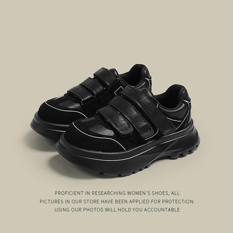 Three Retro Leather Velcro Board Shoes Women'S Shoes Autumn And Winter Versatile Muffin Platform Casual Trendy Shoes