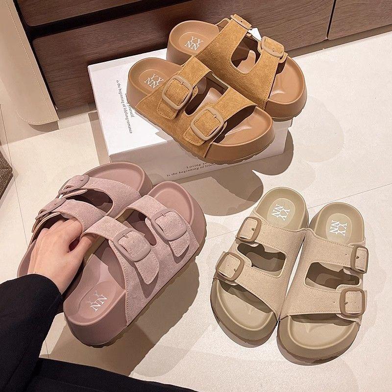 Platform Slippers Women's Summer Wear Retro Versatile Sandals New One-word Drag Boken Beach Sandals