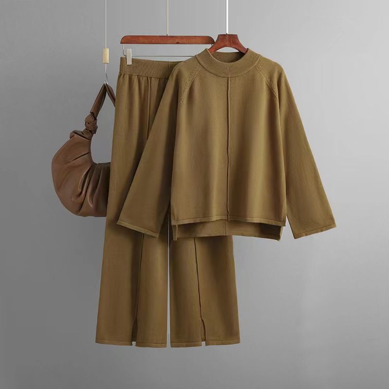 

Fashion Loose Knitted Pullover Sweater Slit Loose Pants Suit Knited Sweater Pants Set Brown All yards