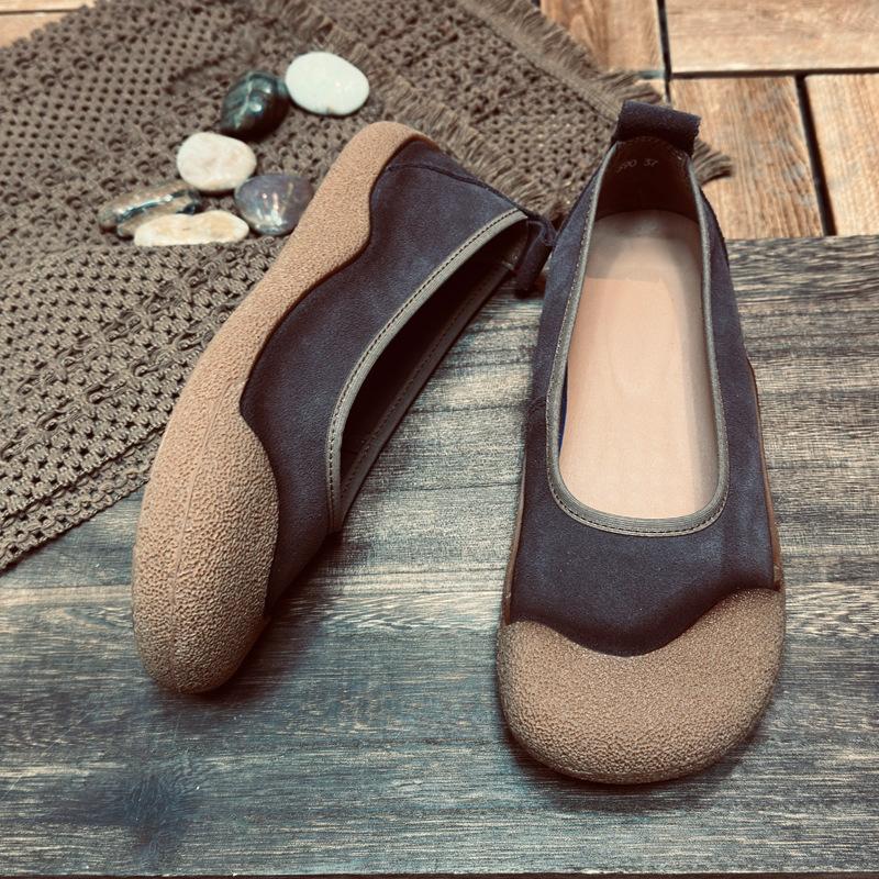 Spring Genuine Leather Women's Single Shoes with Round Toe, Shallow Mouth Flat Bottom Soft Sole and Soft Surface