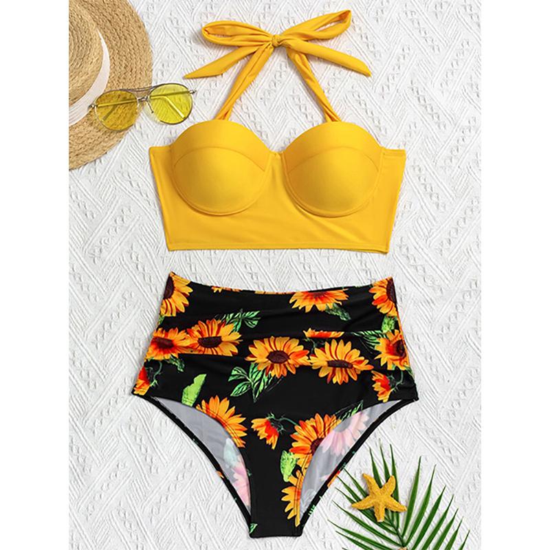 Dámský komplet Push Up Bikini Plavky s vysokým pasem Květinové plavky Plavky Letní plavky Plážové oblečení