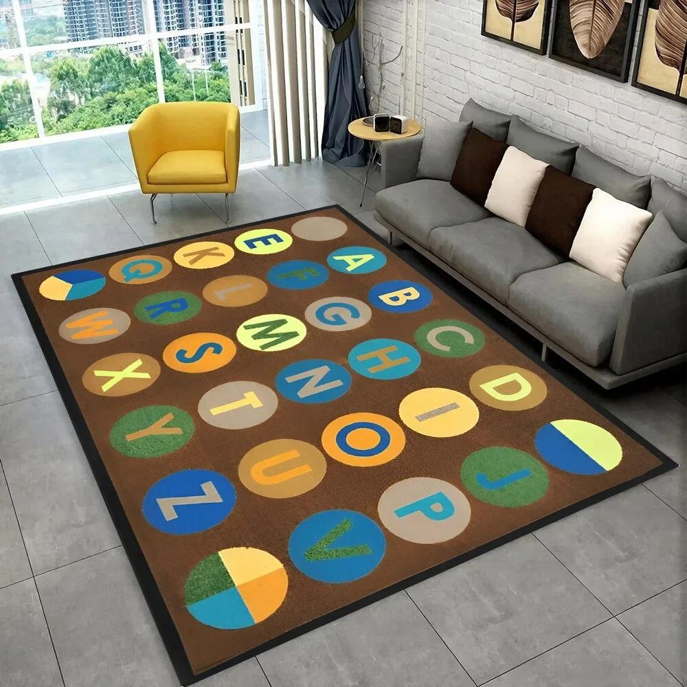 Cartoon Animal Alphabet Carpet Mat - Kids Educational Rug with Colorful Circular Patterns Non-Slip Living Room Home Decoration
