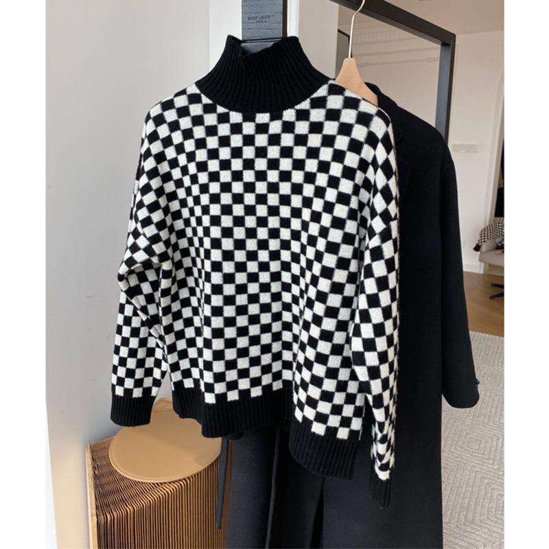 Women's Autumn and Winter Checkerboard Lapel Loose Knit Colour Block Sweater