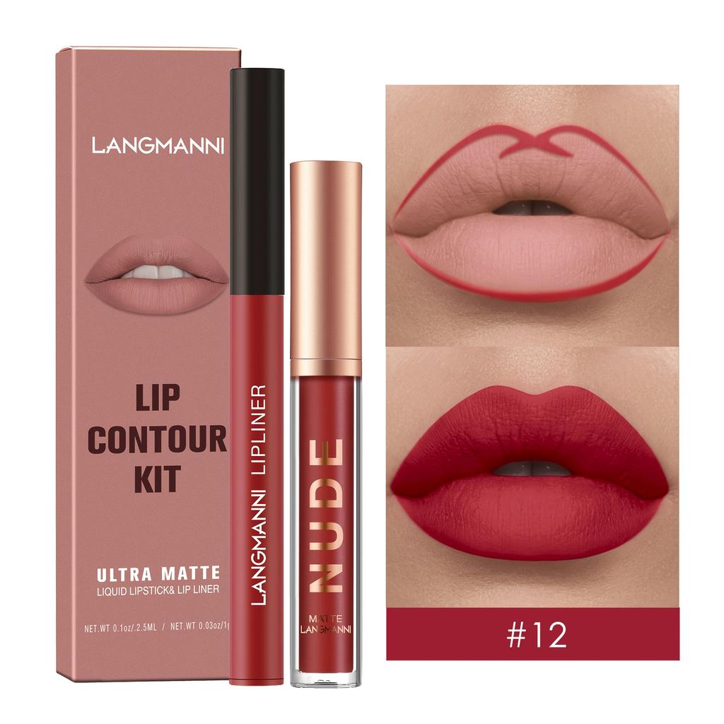 2pcs Matte Lip Color Set with Lip Liner - Long-Lasting, Non-Stick, Water-Resistant Lipstick & Lip Liner Combo Makeup Set Smooth Application