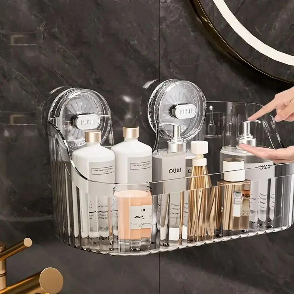 Transparent Suction Cup Shower Rack Wall Mounted Waterproof Cosmetics Storage Rack Punch-Free Shower Drain Basket