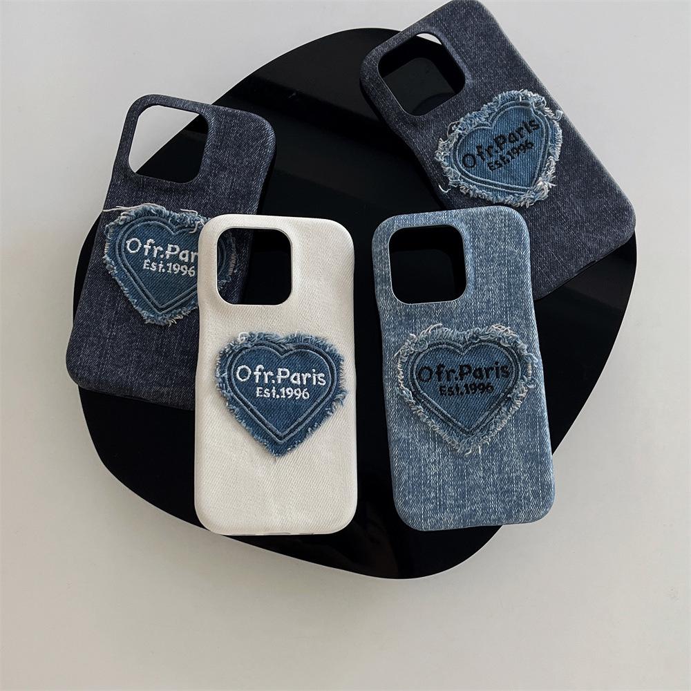 Denim Embroidery Heart Cartoon Phone Case for iPhone 13/12/14/15/16/17 PRO