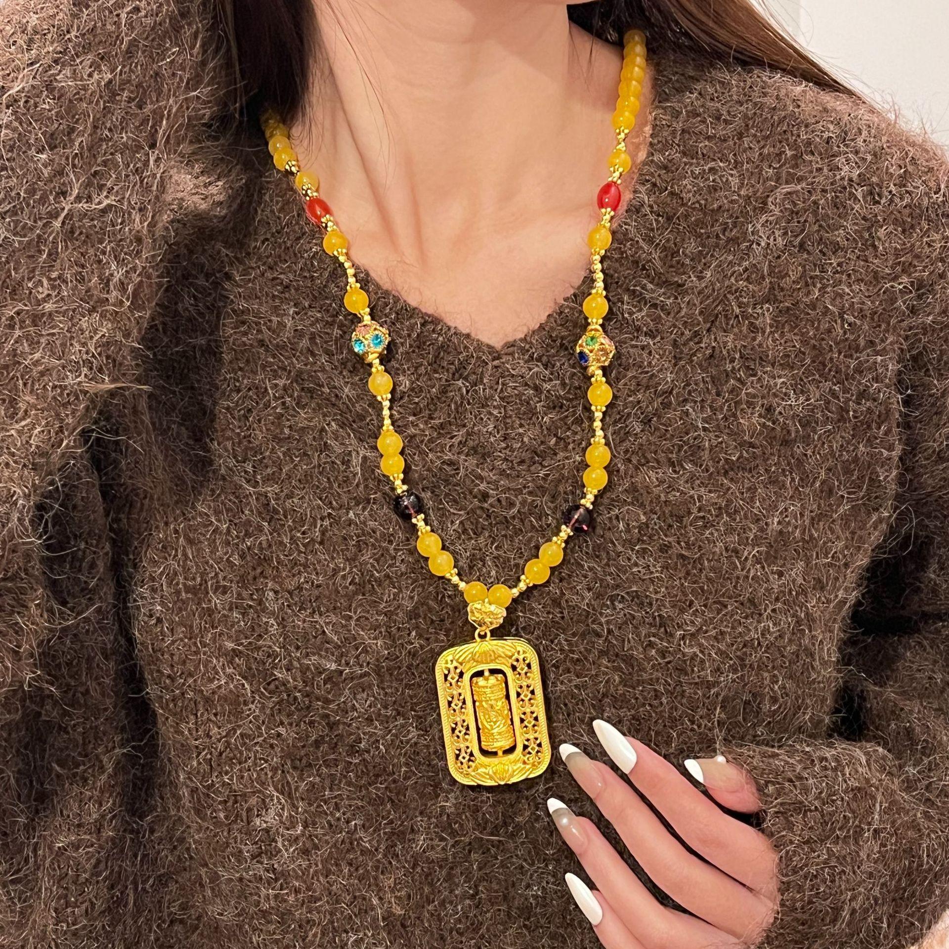 Retro Chinese Style Comes And Goes, Hollow Square Brand Beaded Pendant Necklace, High-End Light Luxury Sweater Chain