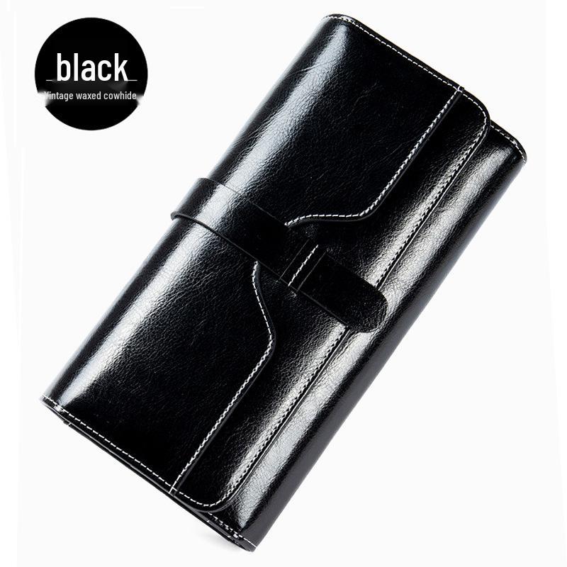 Women's Tri-Fold Genuine Leather Wallet: Large Capacity, Multiple Card Slots, Korean Style Coin Purse with Clasp.