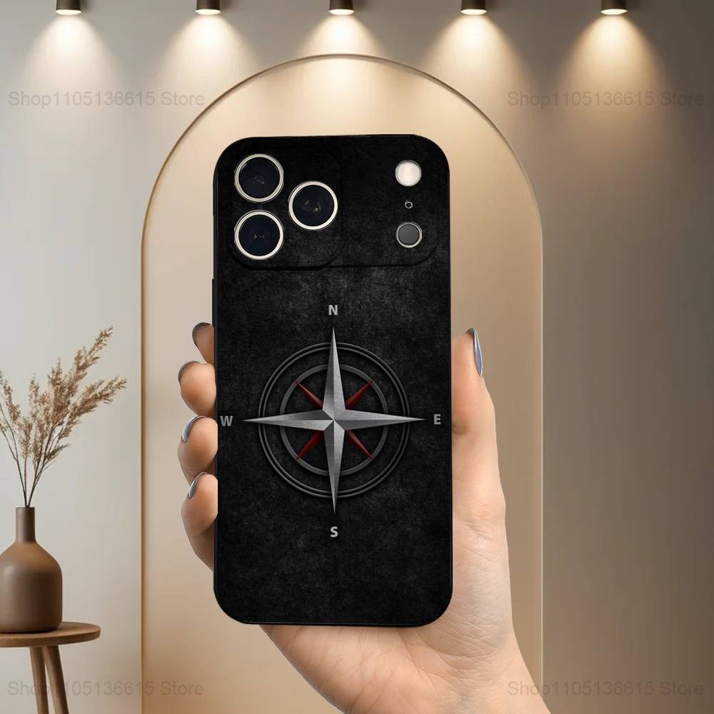 Art Navigation Compass For iPhone 13,17,11,12,16,14,15,Plus,Pro Max,XS,X,XR,SE,Mini,8,7,Soft Silicone Black Phone Case
