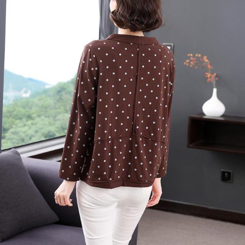 Autumn Pure Cotton Long-sleeved T-shirt for Middle-aged Mothers  Polka-dot Doll Collar Top Loose Bottoming Shirt