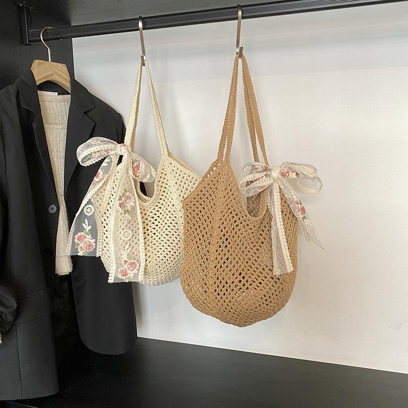 Summer Lace Bow Tote Bags Women Raffia Knitting Woven Shoulder Bag  Rattan Large Casual Crochet Shopping Bag Ladies Handbag