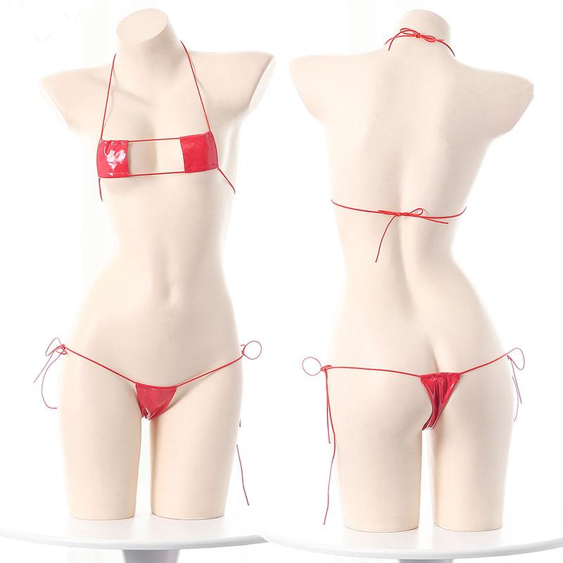 Sexy Micro Bikini Women Glossy PU Lingerie Erotic V-shaped Bodysuit Mini Underwear Cosplay Outfit