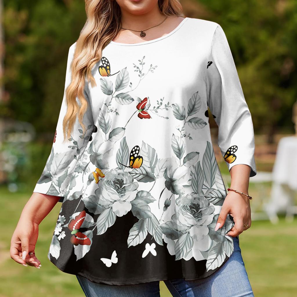 Top Moda da Donna Stampa Floreale Taglie Forti Manica 3/4 Orlo Arrotondato Girocollo