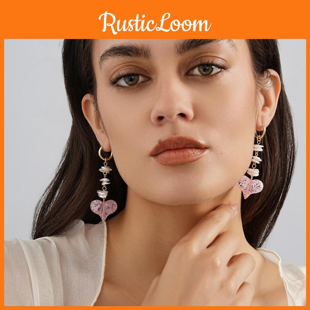 Long Heart Pink Shaped Earrings With Pearls Adorned For Women Stylish