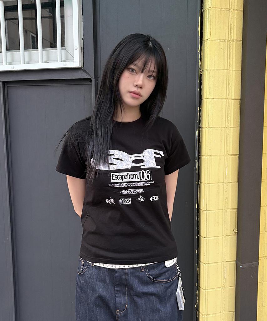 ESCAPEFROM Lace Escf Logo Collage Applique Standard Fit Short Sleeve T-Shirt Black