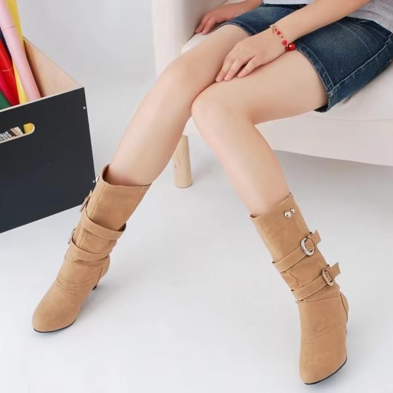 Modne Damskie Buty Na Grubej Podstawie Codzienne Okrągły Nosek Buty Jesień Zima Do Połowy Łydki Damskie Klamra
