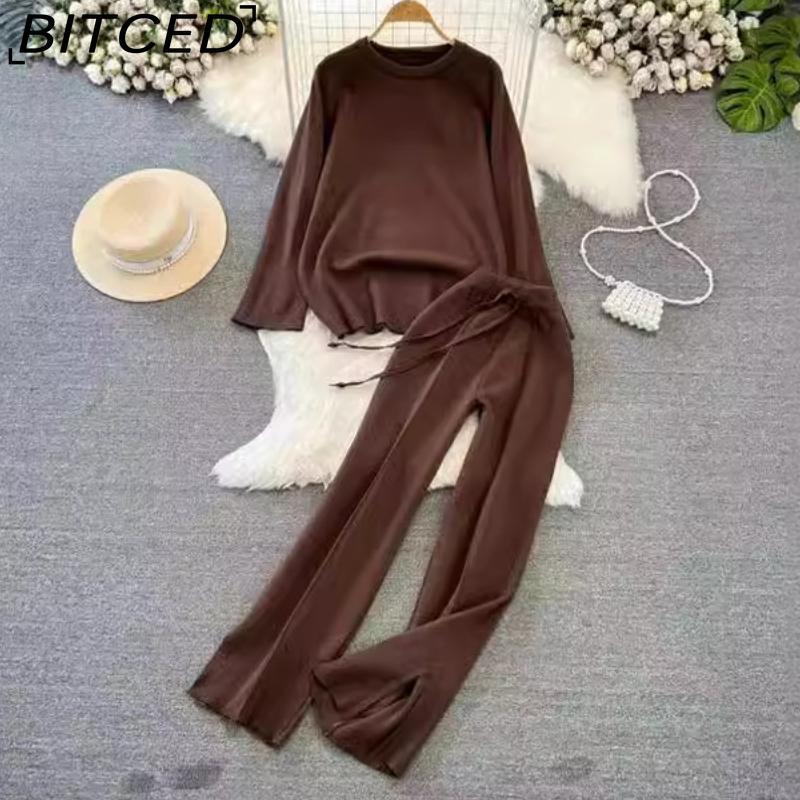 BITCED Fashionable Women's Spring and Autumn Long-sleeved, Round-neck, Loose Knitted Sweater, Two-piece Set, High-waisted, Straight-leg Wide-leg Pants