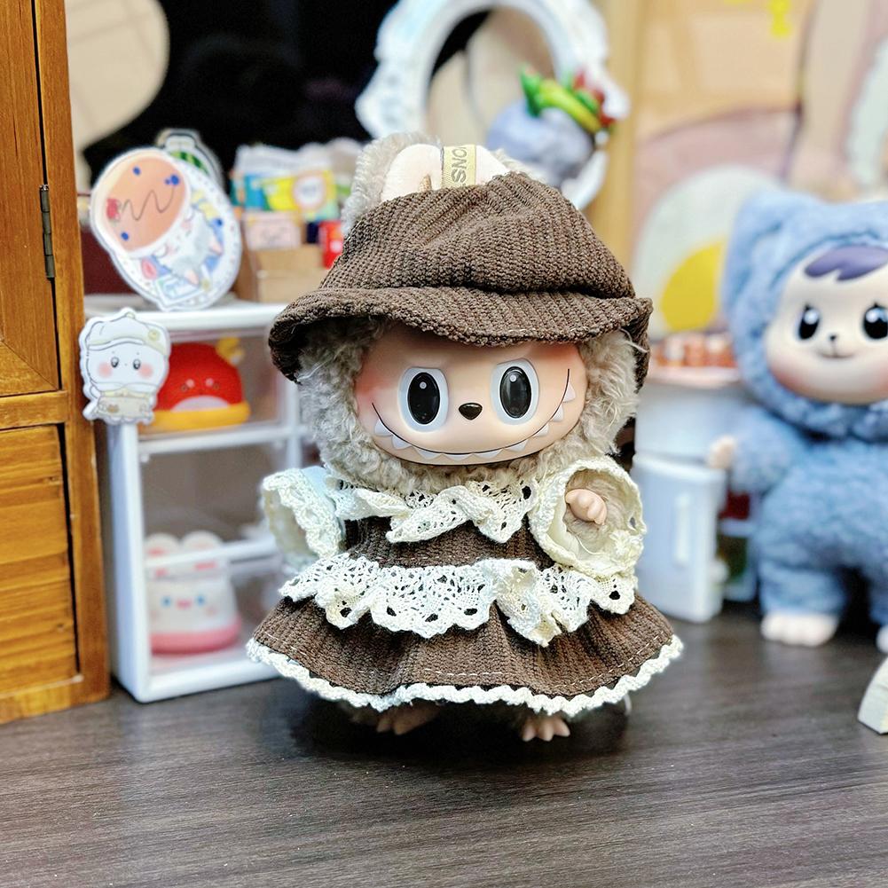 Doll Clothes Lace Stitching Brown Dress Suit Mini Fashionable Keychain Dolls Decoration Accessories for 17CM Labubu