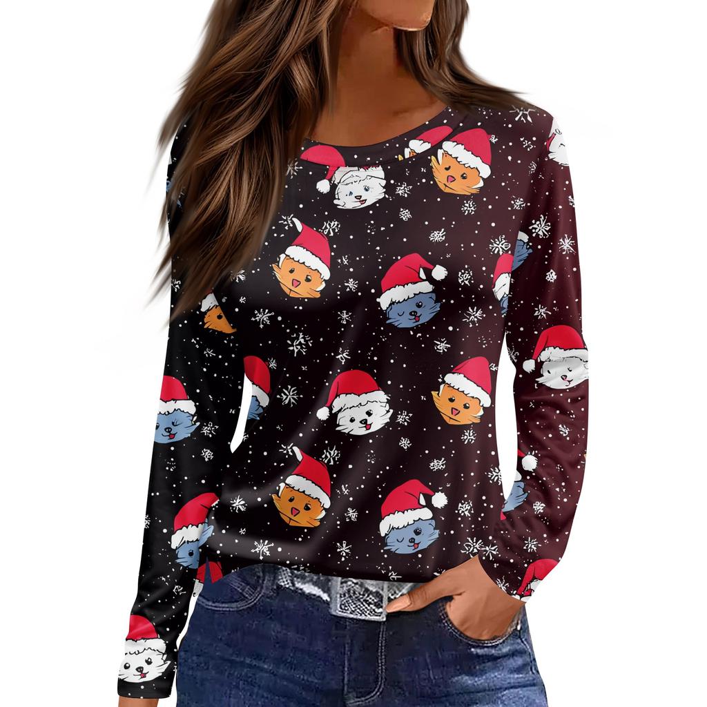 Women's Fashion Casual Slit Hem Round Neck Long Sleeve Loose Christmas Printed T-Shirt Ladies Top