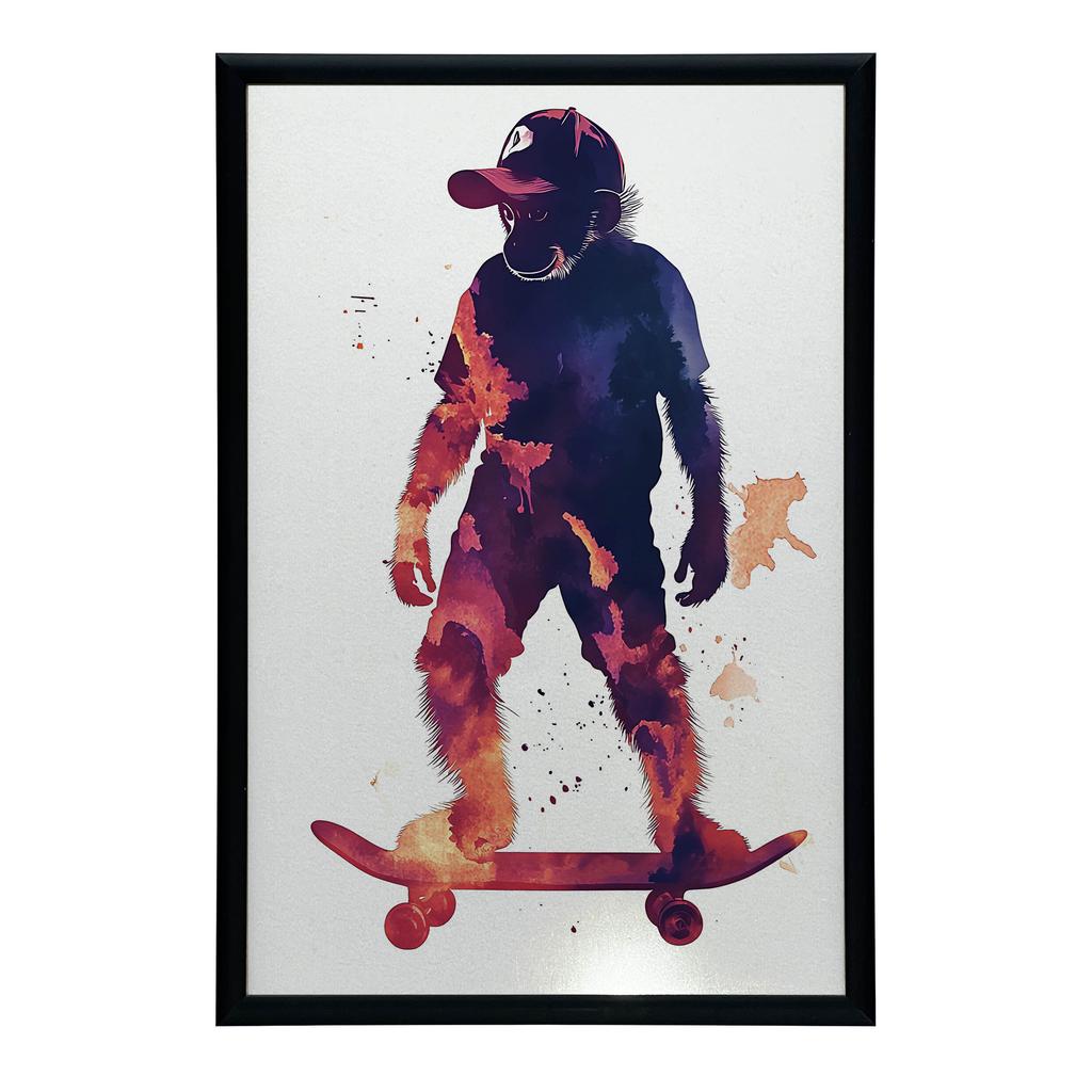 Poster Monkey On a Skateboard Poster Monkey On a Skateboard, 50X70 Cm, Dark Brown Wooden Frame, 230 Gsm Matte Paper