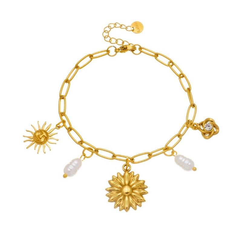 Gold Sunflower Sun Charm Bracelet with Pearl