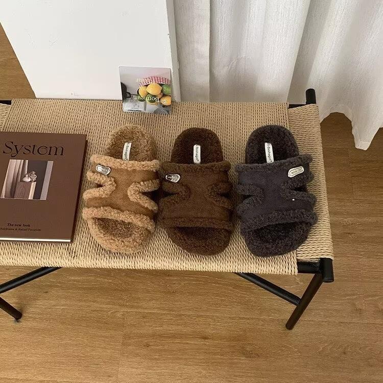 2025 autumn new French outer wear fashion fluffy slippers femininity soft bottom velvet thermal cotton slippers