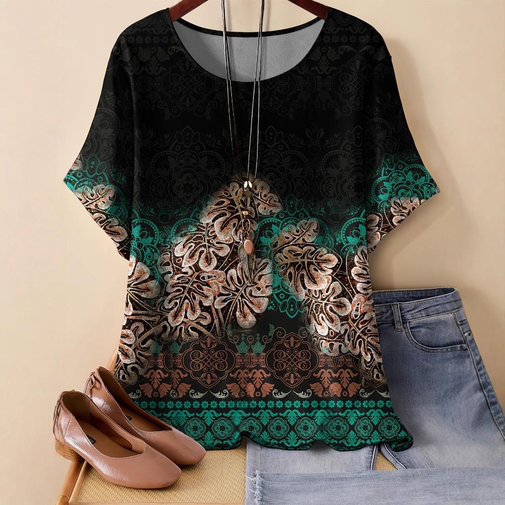 Summer Women's Vintage Style Flower Round Neck T-shirt 3D Printed Short Sleeved Fashionable Comfortable Soft Breathable Large Loose T-shirt