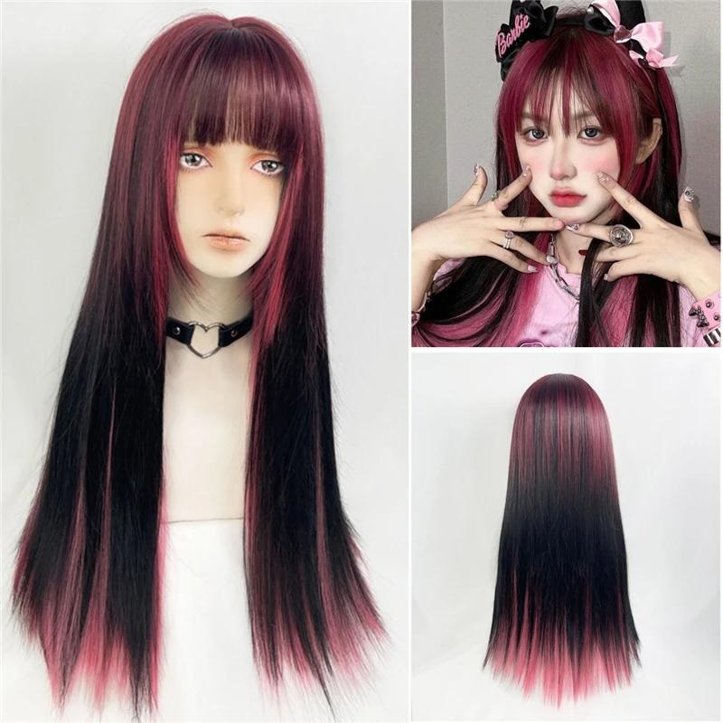 Synthetic Long Straight Harajuku Pink Brown Wig With Bangs Heat-Resistant Kawaii Lolita Wigs For Women Cosplay Hair Wig