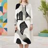 Women Plus Size Two Piece Dress Set Round Neck Long Sleeve Cardigan Sleeveless Dress Black White Floral Printed