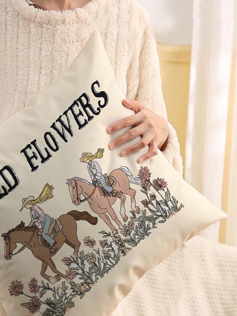 Wild Flowers Cowgirl Print Throw Pillow Cover, Cushion Case For Sofa Bedroom Living Room Couch Bed Office Chair Home Decor