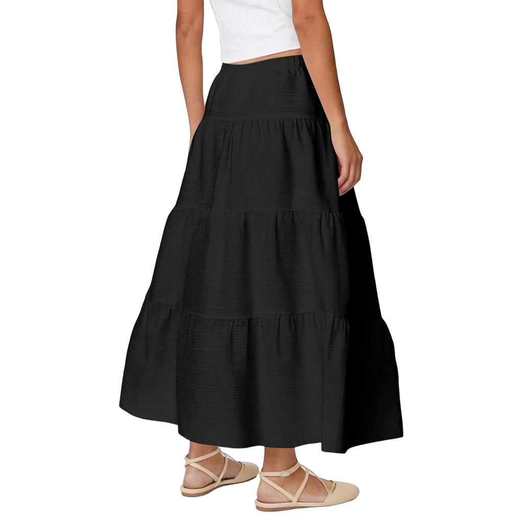 Dámská volánová jarní ležérní dlouhá sukně v jednobarevné barvě, retro skládaná sukně