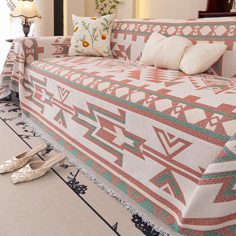 Chenille Printed Sofa Cover Full Coverage With Tassel Furniture Slipcover All-Season Anti-Scratch Sofa Blanket Seat Dust Covers