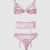 Pink Satin Embroidered Lingerie Set with Open Cup Bra, Garter, and Panty