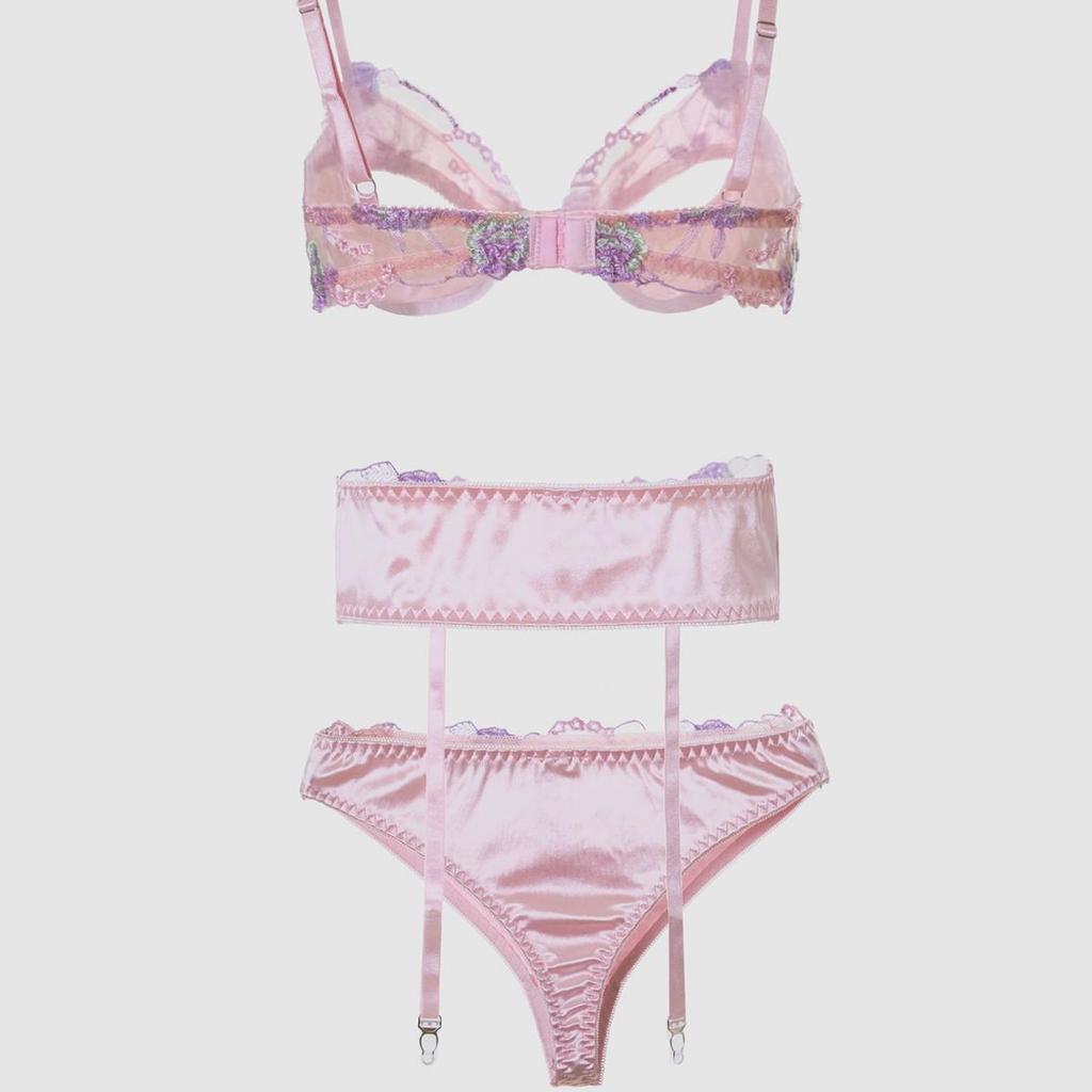 Pink Satin Embroidered Lingerie Set with Open Cup Bra, Garter, and Panty