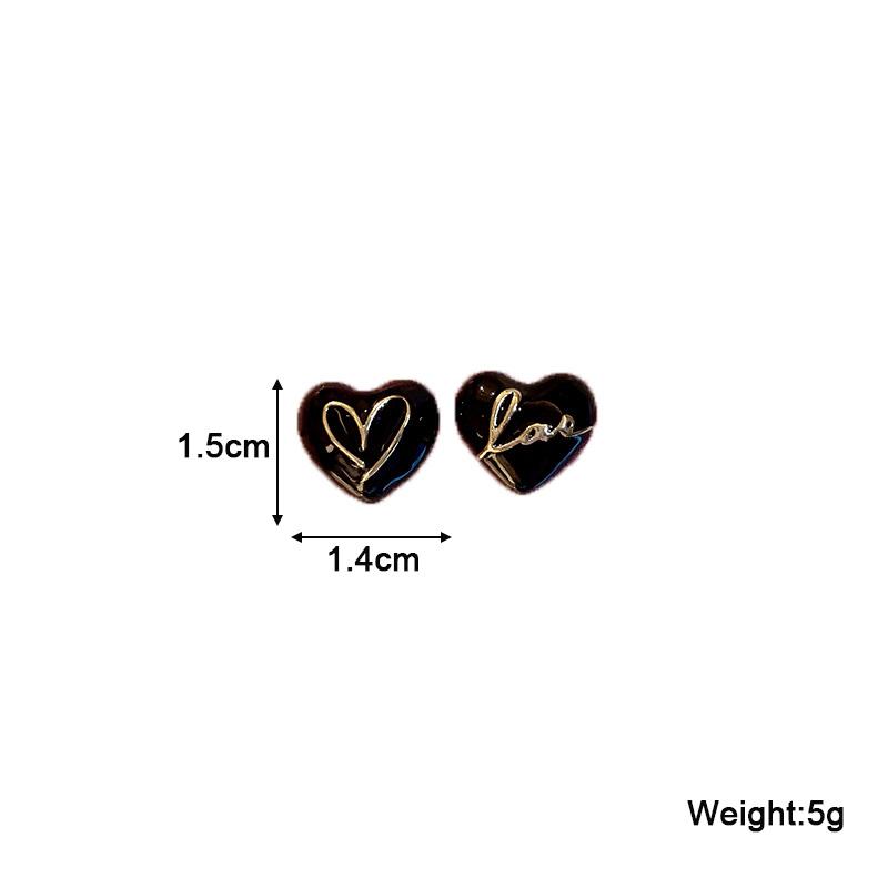 Black Enamel Heart Stud Earrings Asymmetrical LOVE Punk Fashion Baroque Heart In Heart Unusual Earrings for Women