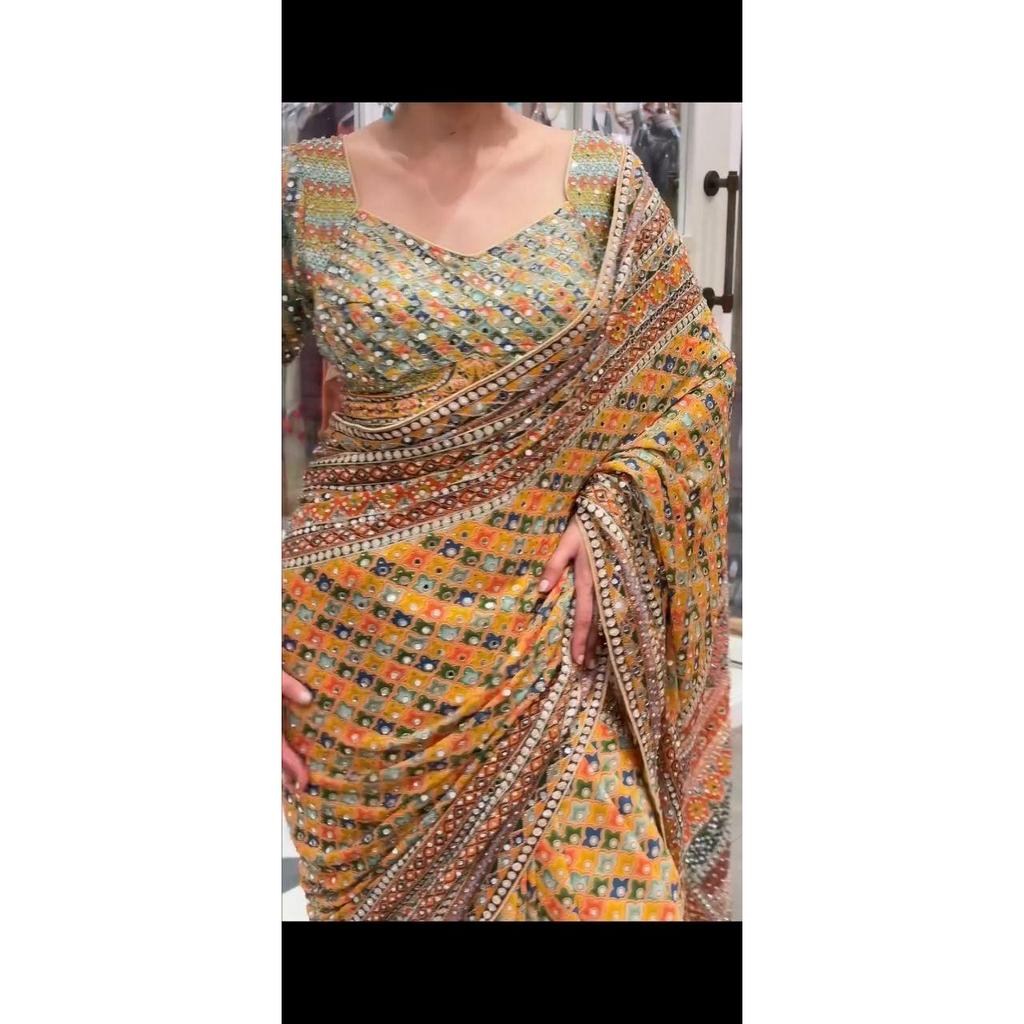 New Launch – Premium Chinon Silk Saree with Elegant Real Mirror Work Collection