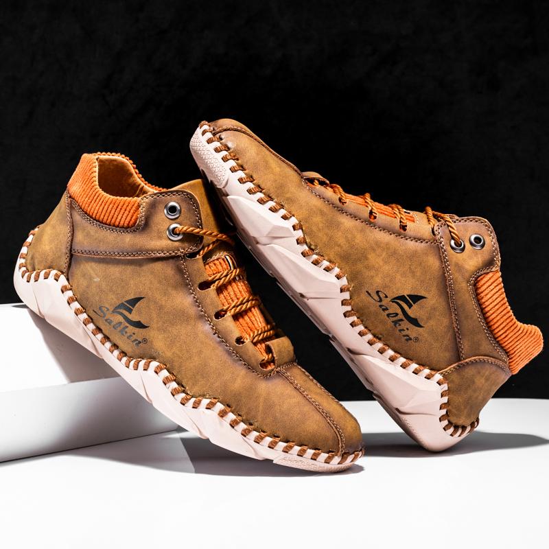 Men Boots Hand-stitching Split Leather Shoes Men Ankle Boots Moccasins Man Casual Shoes