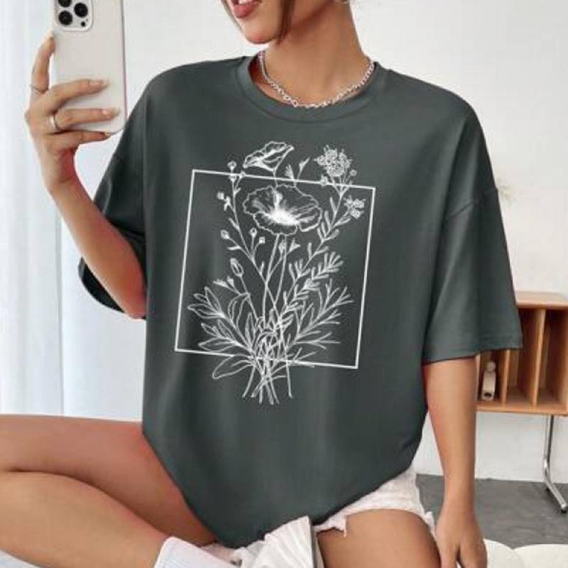

Женская летняя футболка с круглым вырезом, хлопковая, оверсайз, с цветочным принтом - Модный топ с коротким рукавом 3XL темно серый