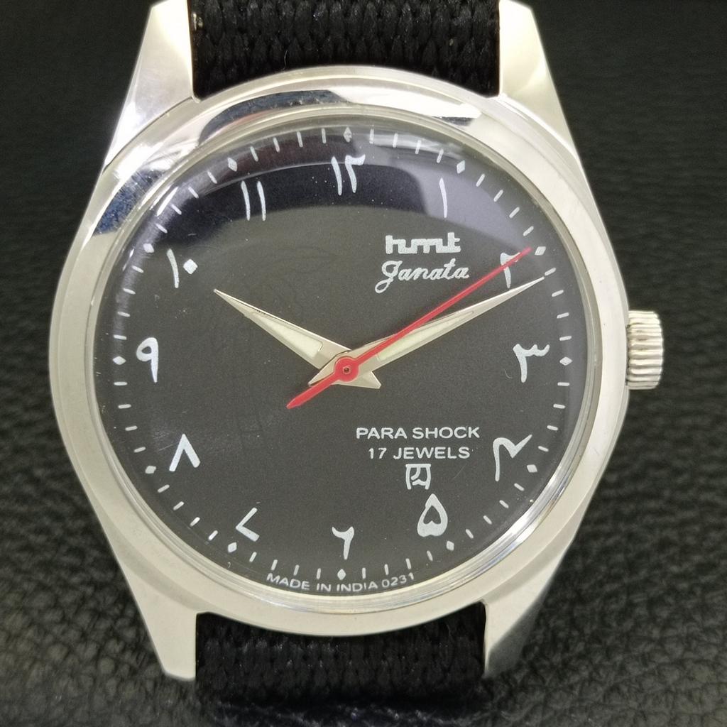 INDIANISCHE VINTAGE HMT JANATA HANDAUFZUG HERREN ARABISCHES SCHWARZES ZIFFERBLATT UHR a440983-4